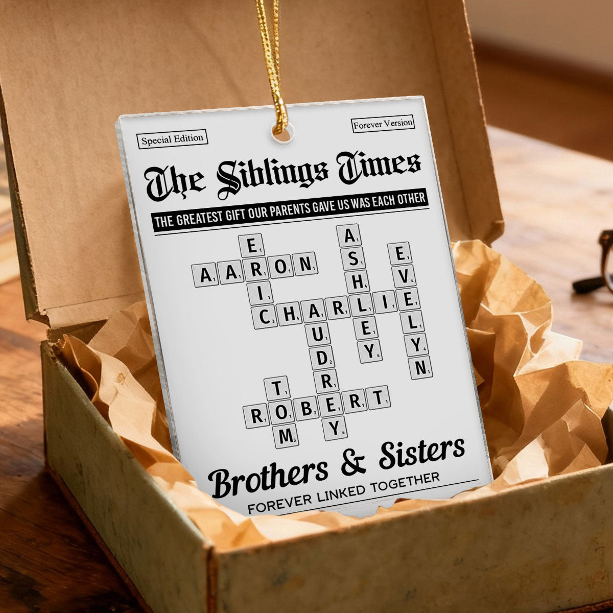 The Siblings Times Crossword Puzzle Newspaper Style - Personalized Acrylic Ornament - Christmas Keepsake Gift For Brothers, Sisters