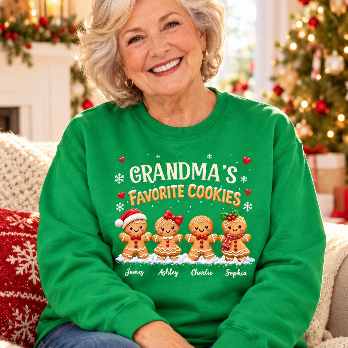 Grandma's Favorite Cookies - Personalized Shirt - Custom Grandkids Names Gingerbread, Cute Christmas Gift for Grandma, Nana, Mimi, Grammy & Gigi.