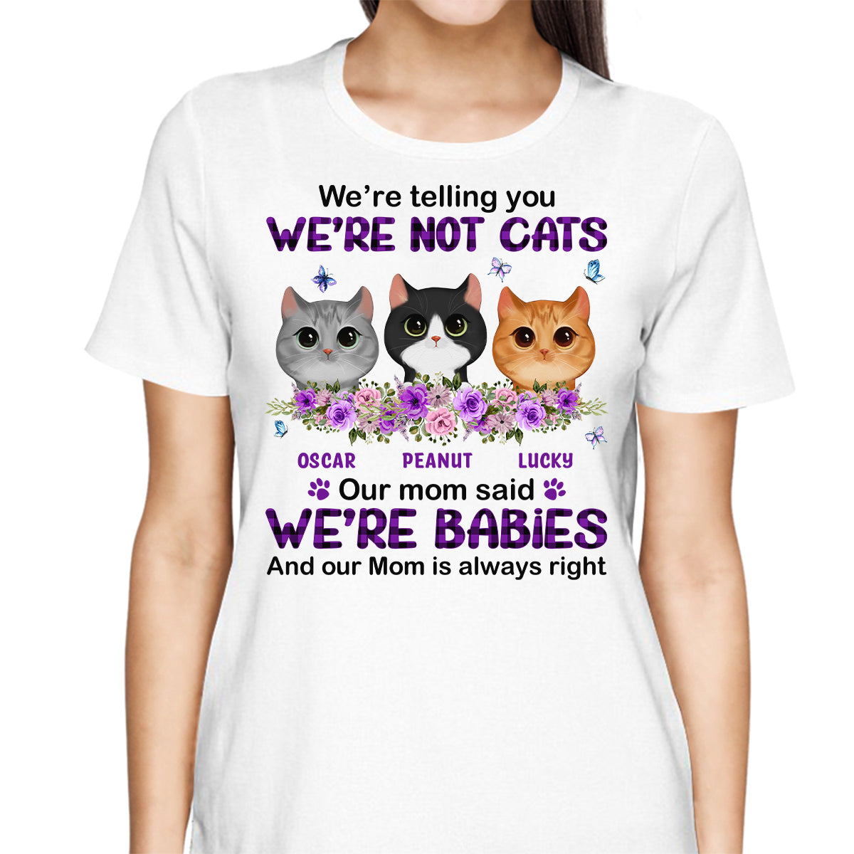 Purple Plaid Butterlies Cat Mom Personalized Shirt