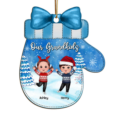 Happy Kids In Snow Glove Shaped Personalized Wooden Ornament