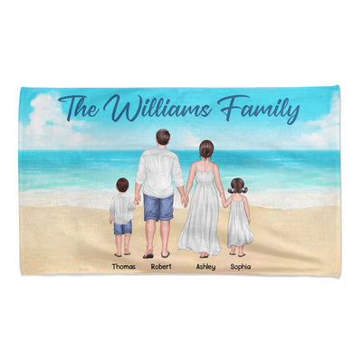 Summer Family Walking Back View Personalized Horizontal Beach Towel