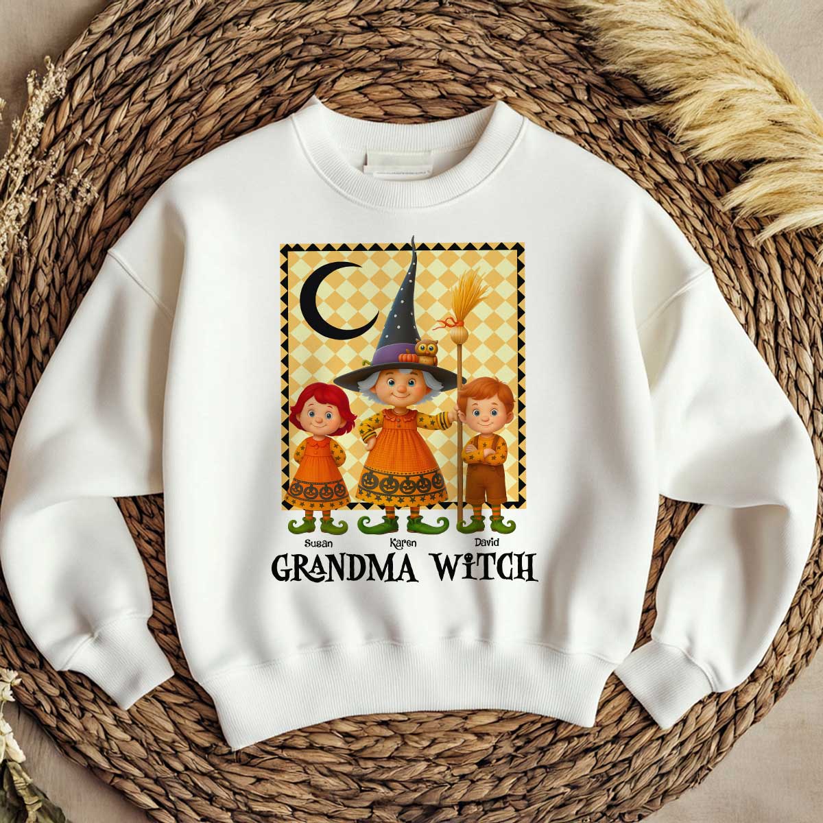 Grandma Witch & Cute Grandkids Personalized Sweatshirt, Halloween Cozy Fall Sweatshirt for Grandma