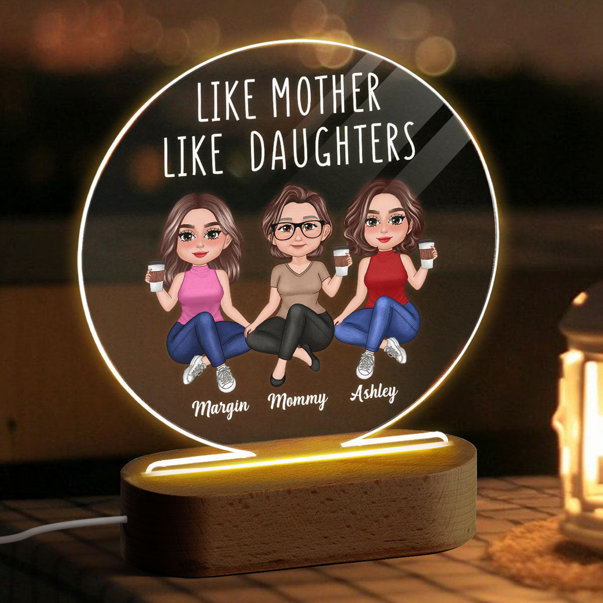Pretty Doll Like Mother Like Daughter Sitting - Mother‘s Day Gift - Personalized Acrylic Circle LED Night Light