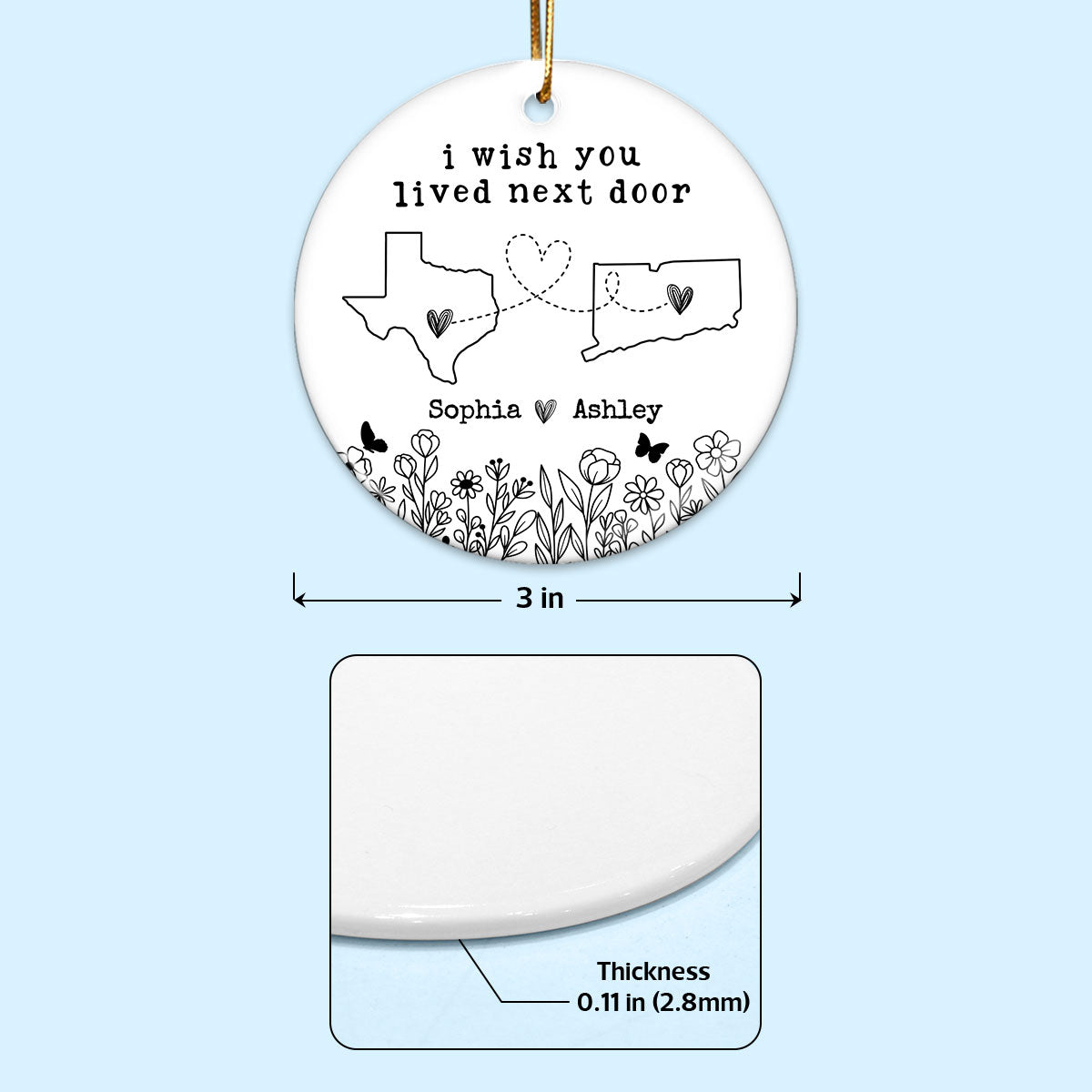 Besties Sisters Long Distance Wildflowers Personalized Circle Ornament, Togetherness Gift