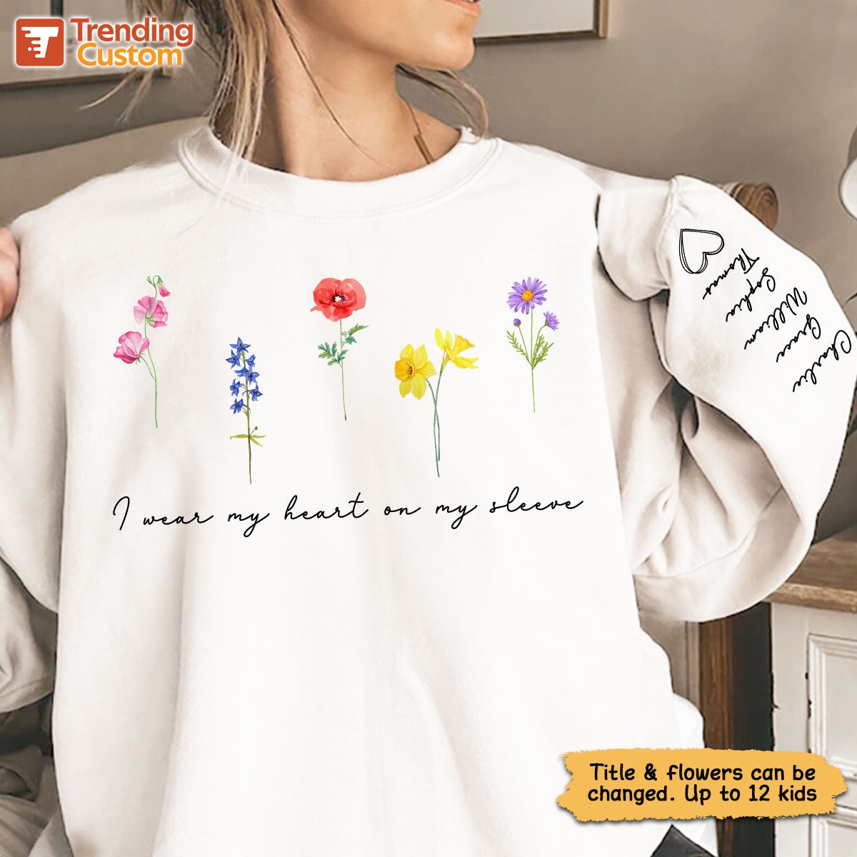 Watercolor Birth Month Flowers Personalized Sleeve Printed Sweatshirt, Gift For Mom Granma Aunt