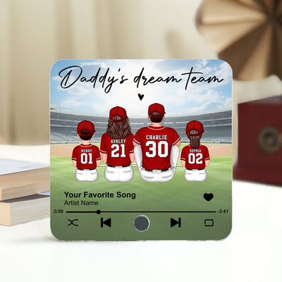 Daddy's Team Baseball Family Sitting Personalized Personalized Music Fridge Magnet, Heartfelt Gift For Dad