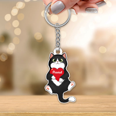 Fluffy Cat Holding Heart Personalized Acrylic Keychain - Gift For Cat Lovers
