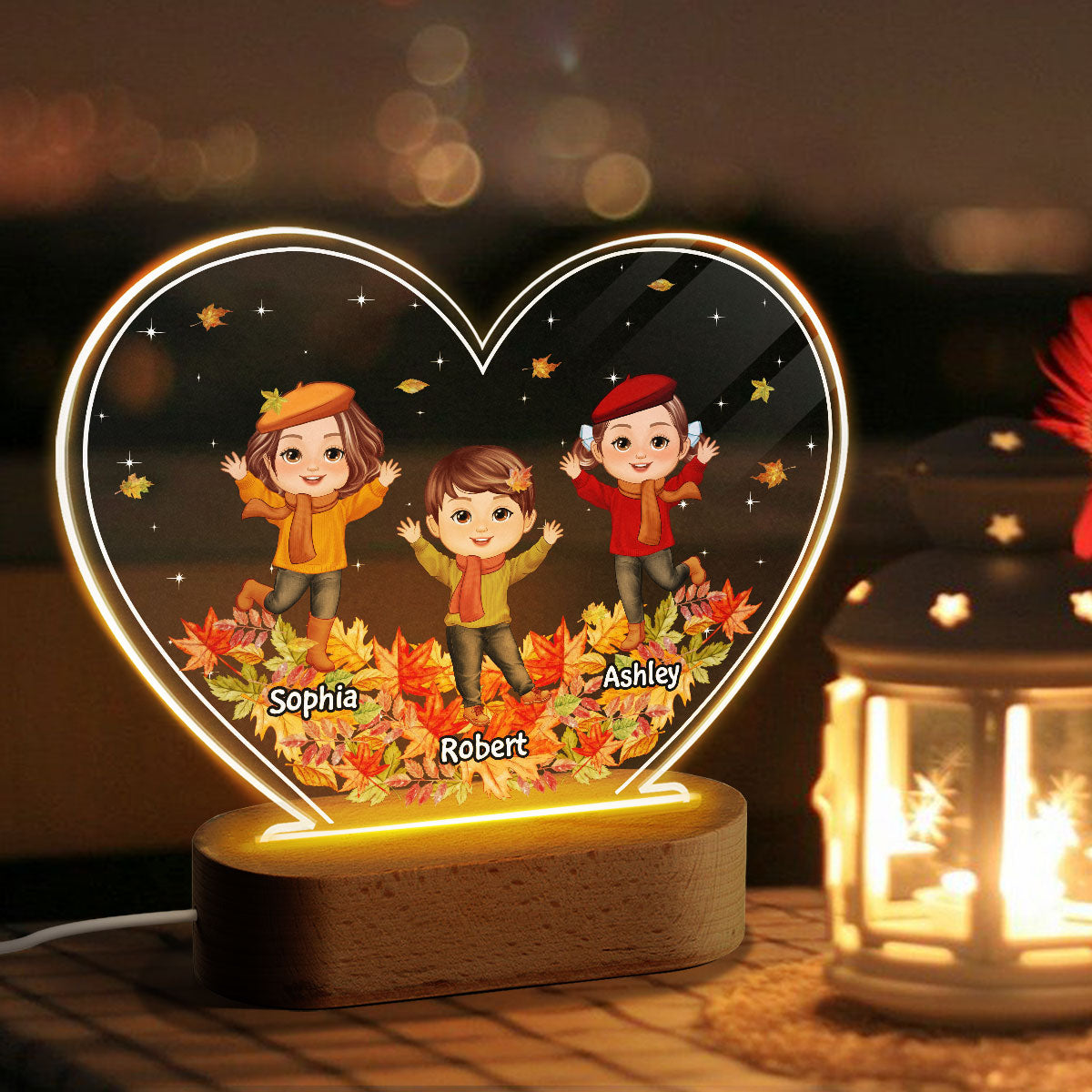 Happy Doll Kids Playing Fall Leaves Personalized Acrylic Heart LED Night Light
