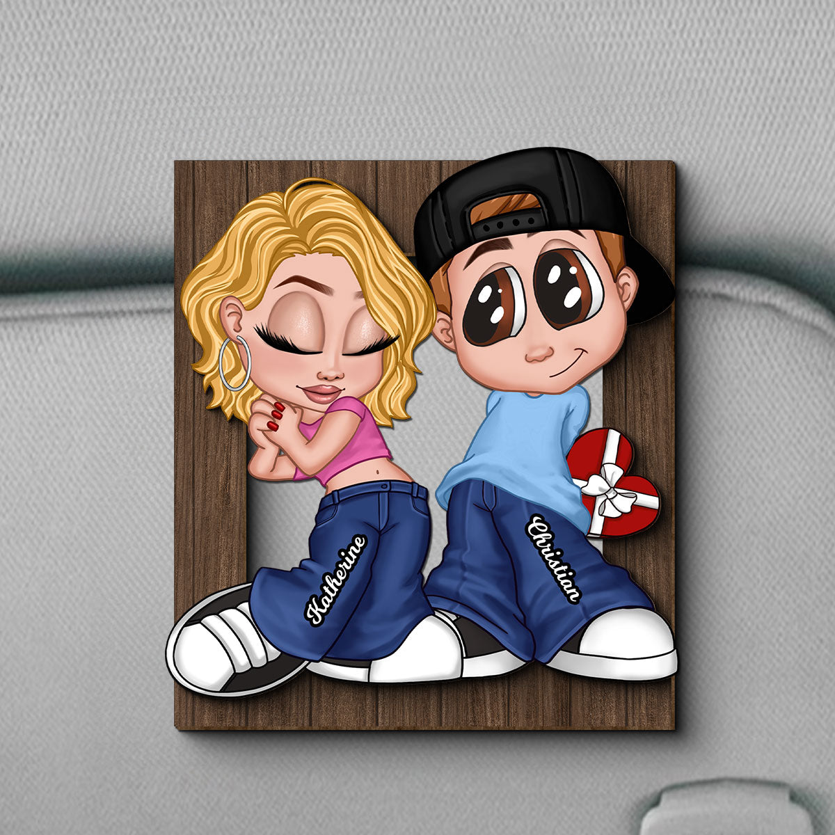 Y2K Couple Frame Personalized 2-layer Wooden Car Visor,  Gift for Him, Gift for Her