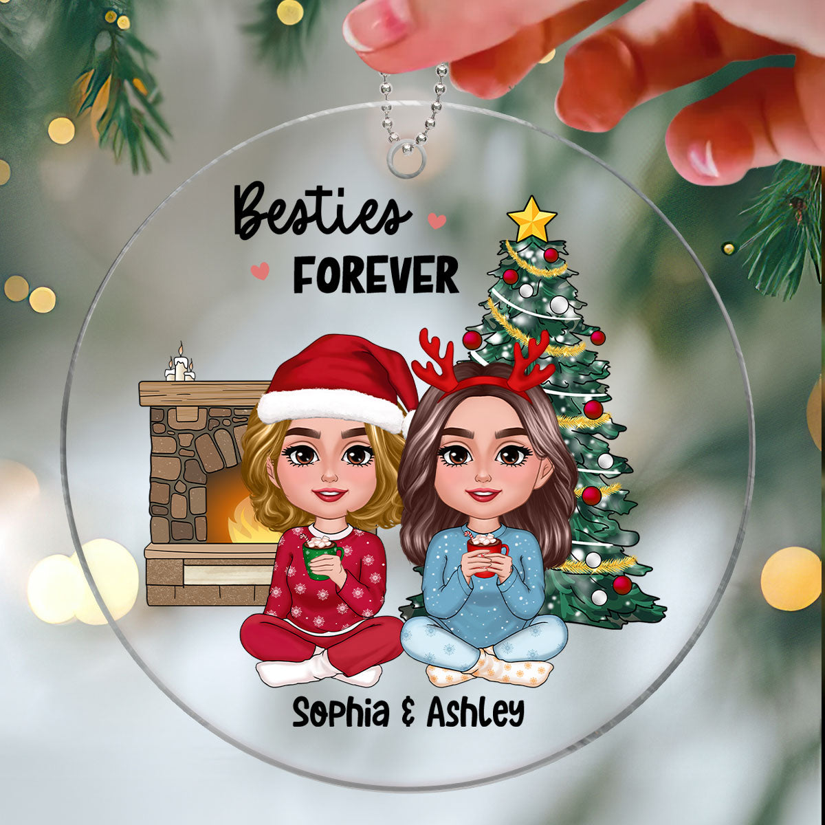 Besties Doll Sitting Together Christmas Tree Fireplace Personalized Acrylic Ornament