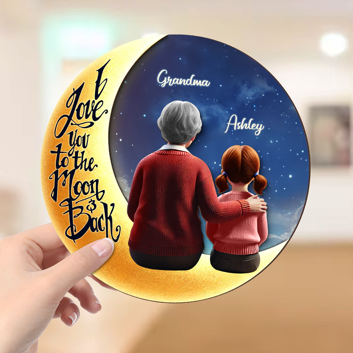 Starry Night Grandma & Granddaughter Sitting On Moon 3D Effect Personalized 2-Layered Wooden Plaque, Perfect 2025 Gift For Mom, For Grandma