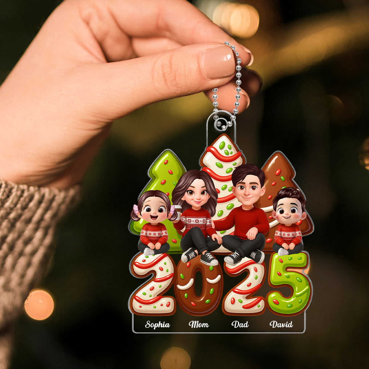 Christmas Tree Cake Family Sitting 2025 Personalized Acrylic Ornament, Christmas Decor for Family