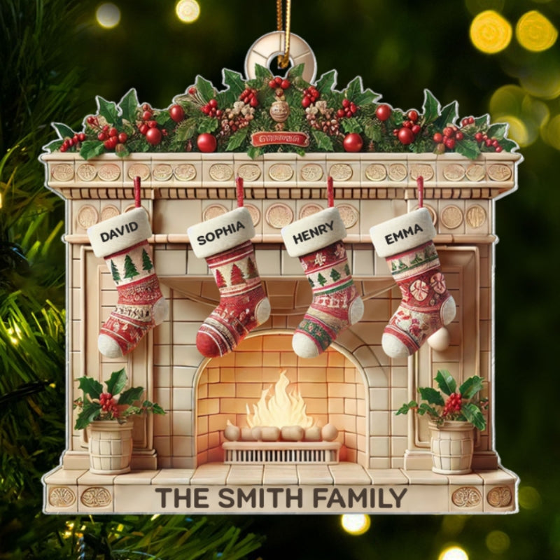 Christmas Retro Fireplace Family Christmas Stockings On Mantel 3D Effect Personalized Acrylic Ornament