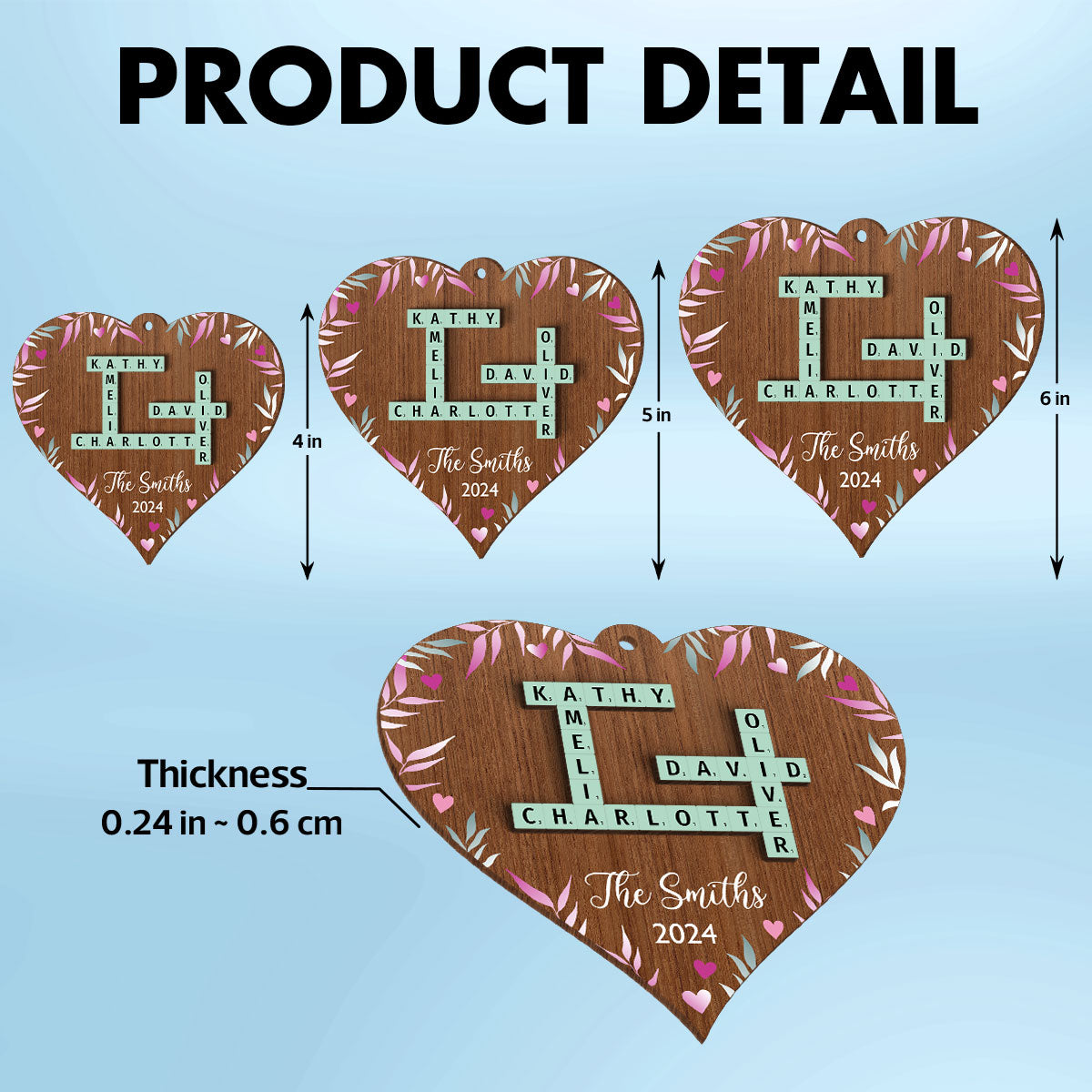 Family Crossword Puzzle Art Personalized Heart Shaped 2-Layered Wooden Ornament, Christmas Gift for Family & Friends