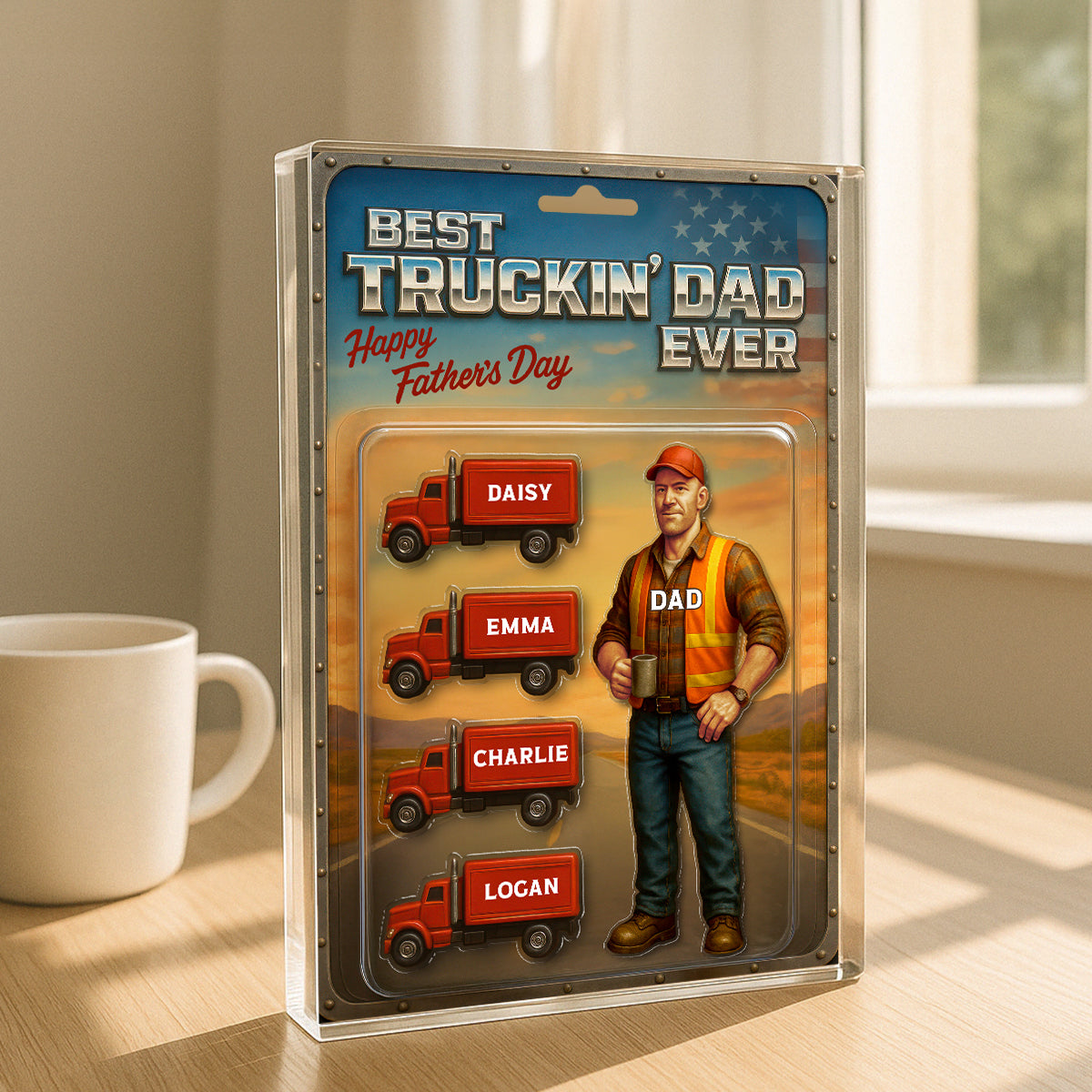 Best Truckin' Dad Ever Nation Flag Custom Action Figure Personalized Acrylic Block Plaque, Father's Day Gift for Trucker Dad