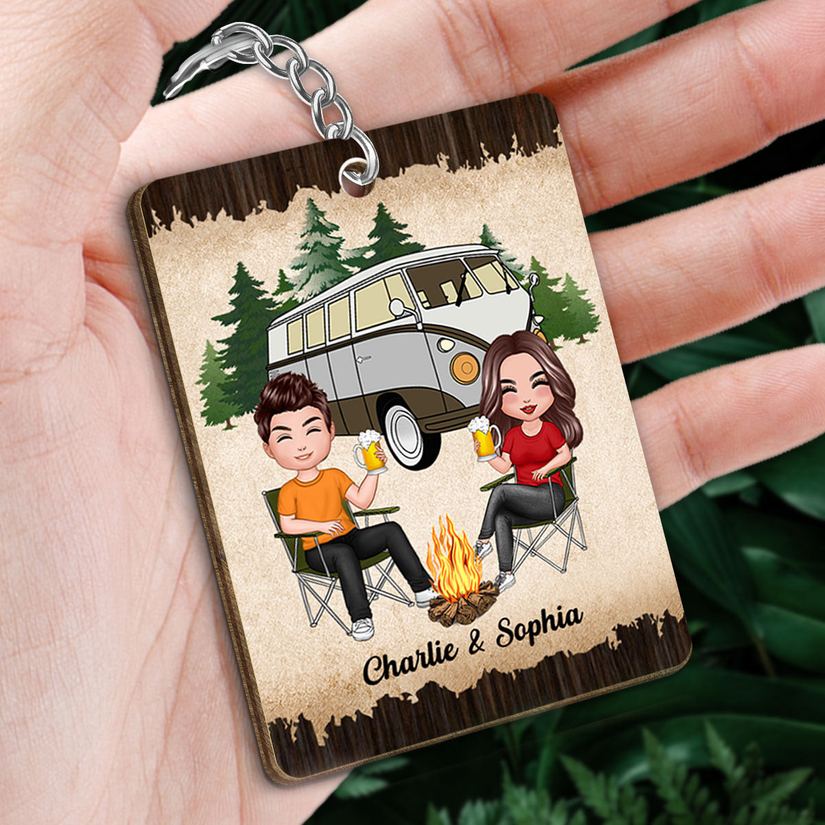 Let‘s Sit By The Campfire Camping Couple Personalized Wooden Keychain