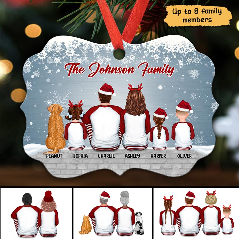 Pajamas Family Back View Dog Cat Snow Wall Personalized Christmas Ornament