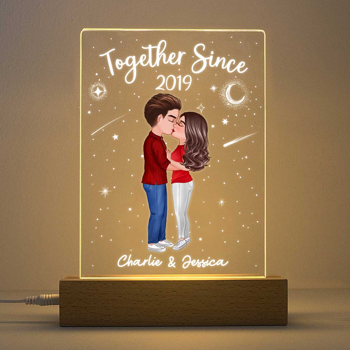 Doll Couple Kissing Personalized Rectangle Acrylic Plaque With LED Night Light - Valentine‘s Day Gift - Anniversary Gift For Her - Gift For Him