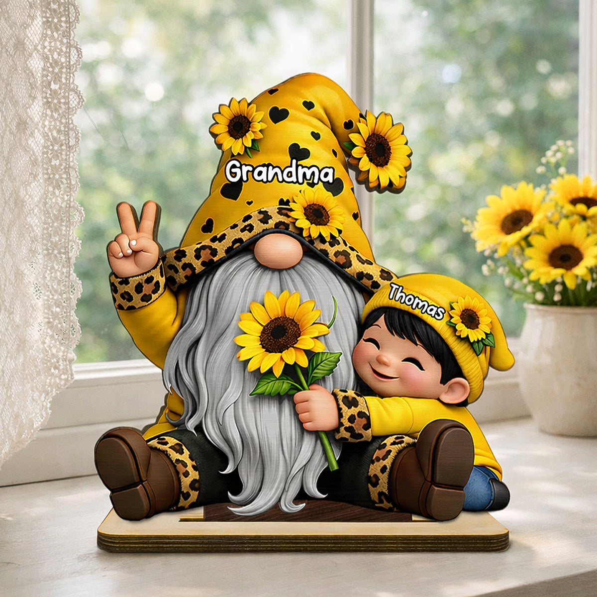 Gnome Grandma & Grandkids Sunflower - Personalized 2-Layered Wooden Plaque - Sentimental Gift for Grandma