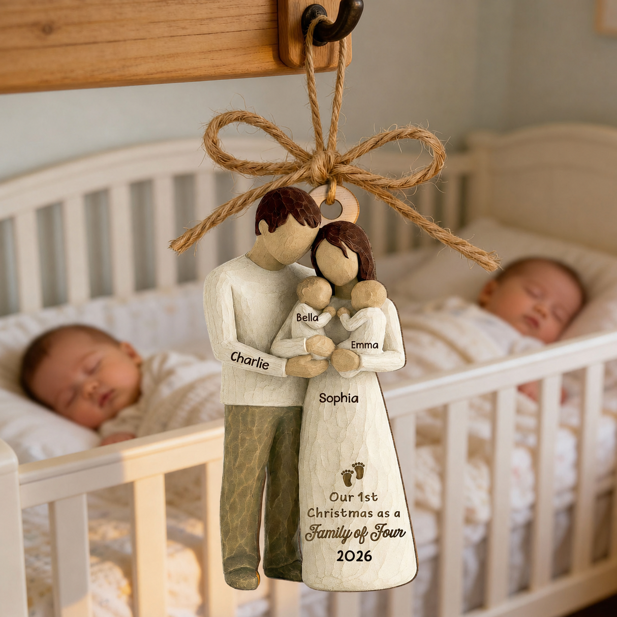3D Effect First Christmas As Family Of Four Mom Dad & Twin Babies - Personalized Wooden Ornament