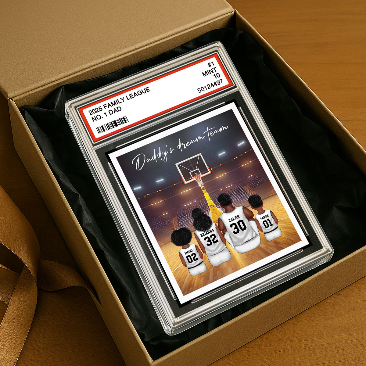 Basketball Daddy's Dream Team No. 1 Dad Man & Kids Sitting Trading Card Style Personalized Acrylic Block Plaque