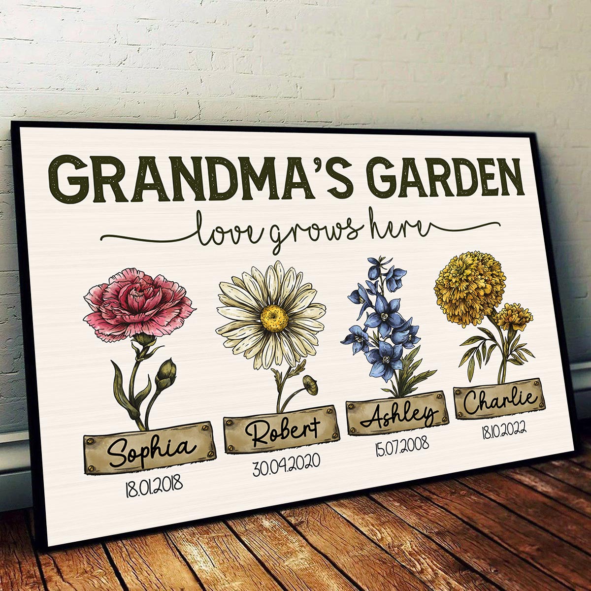 Grandma‘s Garden Love Grows Here Vintage Birth Month Flower Personalized Poster