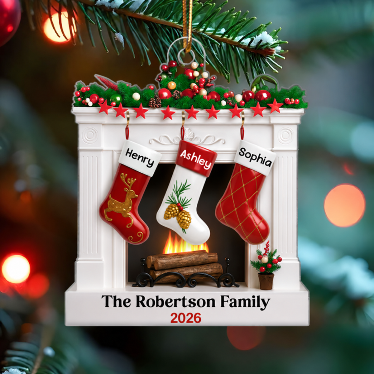 Fireplace Stocking Family Personalized Christmas Ornament, 3D Effect Ornament, Custom Family Name