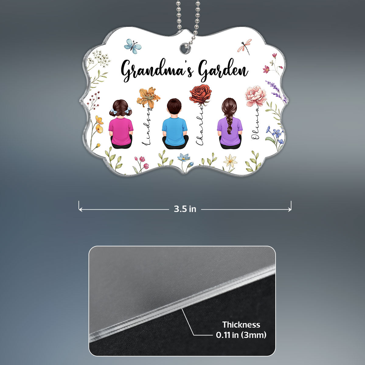 Grandkids Sitting Grandma Garden Vintage Birth Month Flowers Personalized Acrylic Ornament, Christmas Gift For Grandma