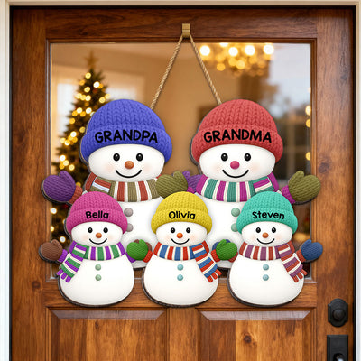 Christmas Grandma Grandpa And Grandkids Snowman Together - Personalized Wood Sign