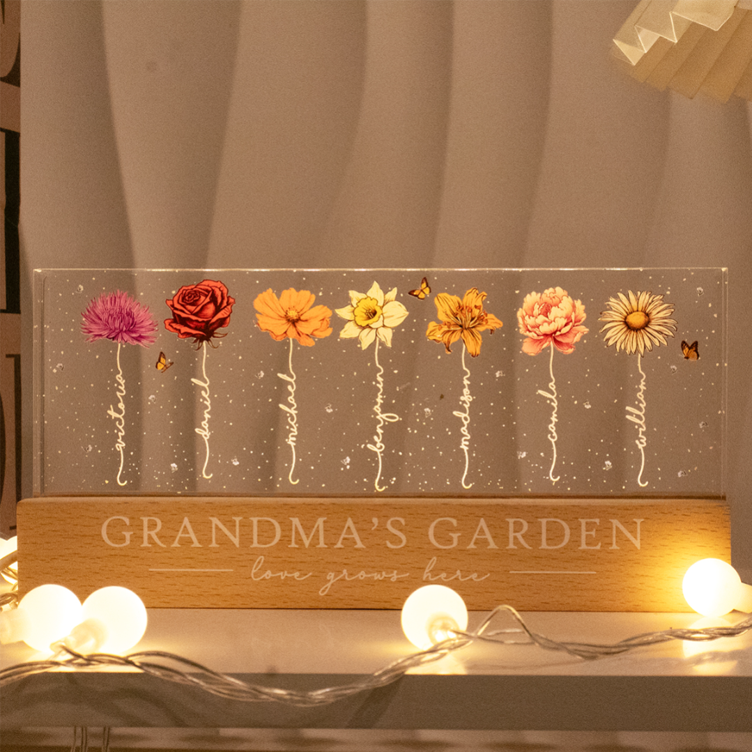 Grandma‘s Garden Birth Month Flowers - Personalized Acrylic Block Plaque LED Night Light - Christmas Gift For Grandma, Mom, Auntie, Sister