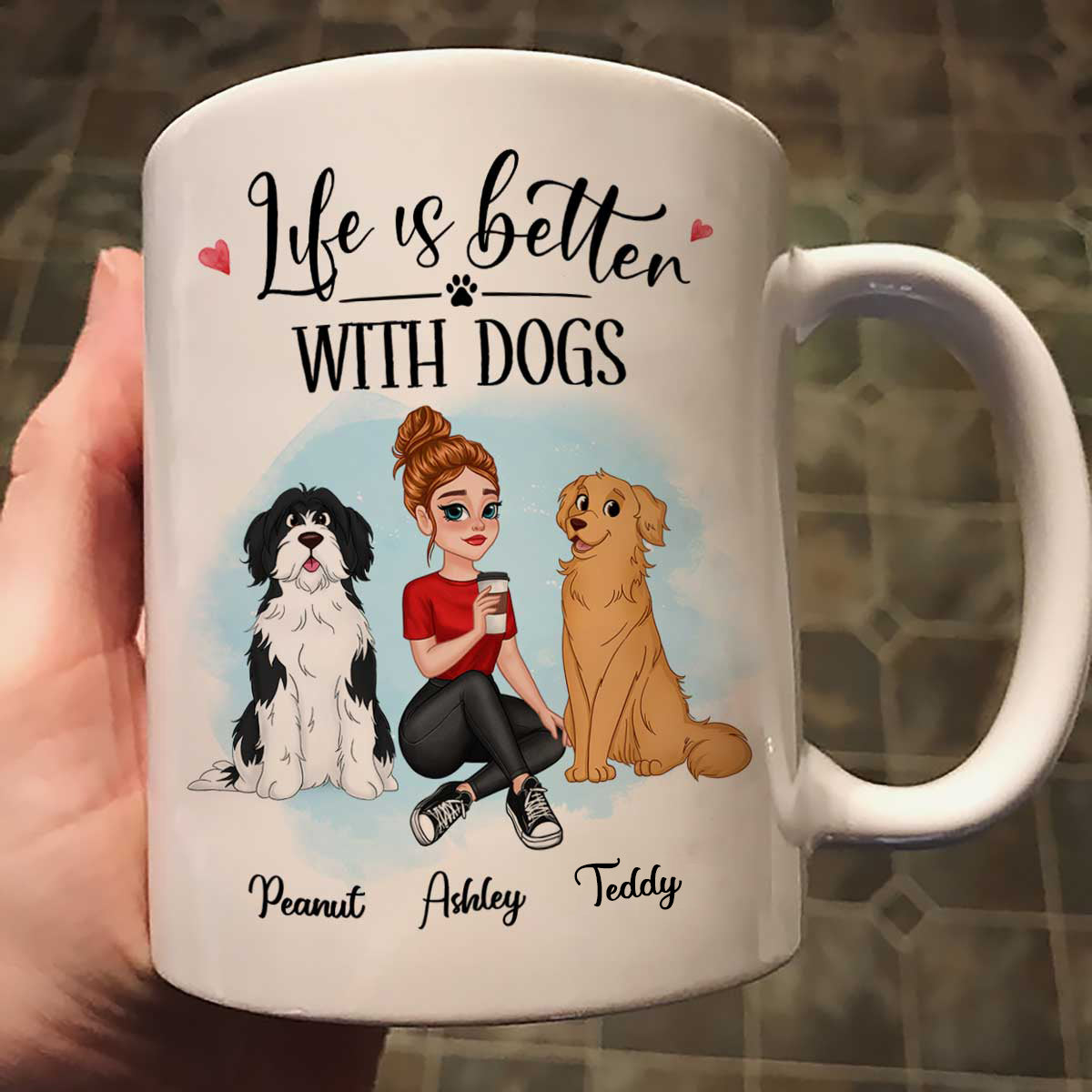Life Better With Dog Pretty Cartoon Woman & Sitting Dog Personalized Mug