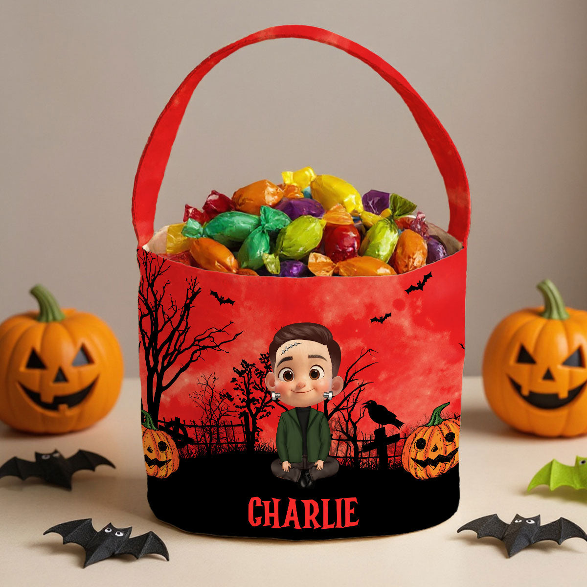 Halloween 3D Background Cartoon Kids Personalized Trick or Treat Basket