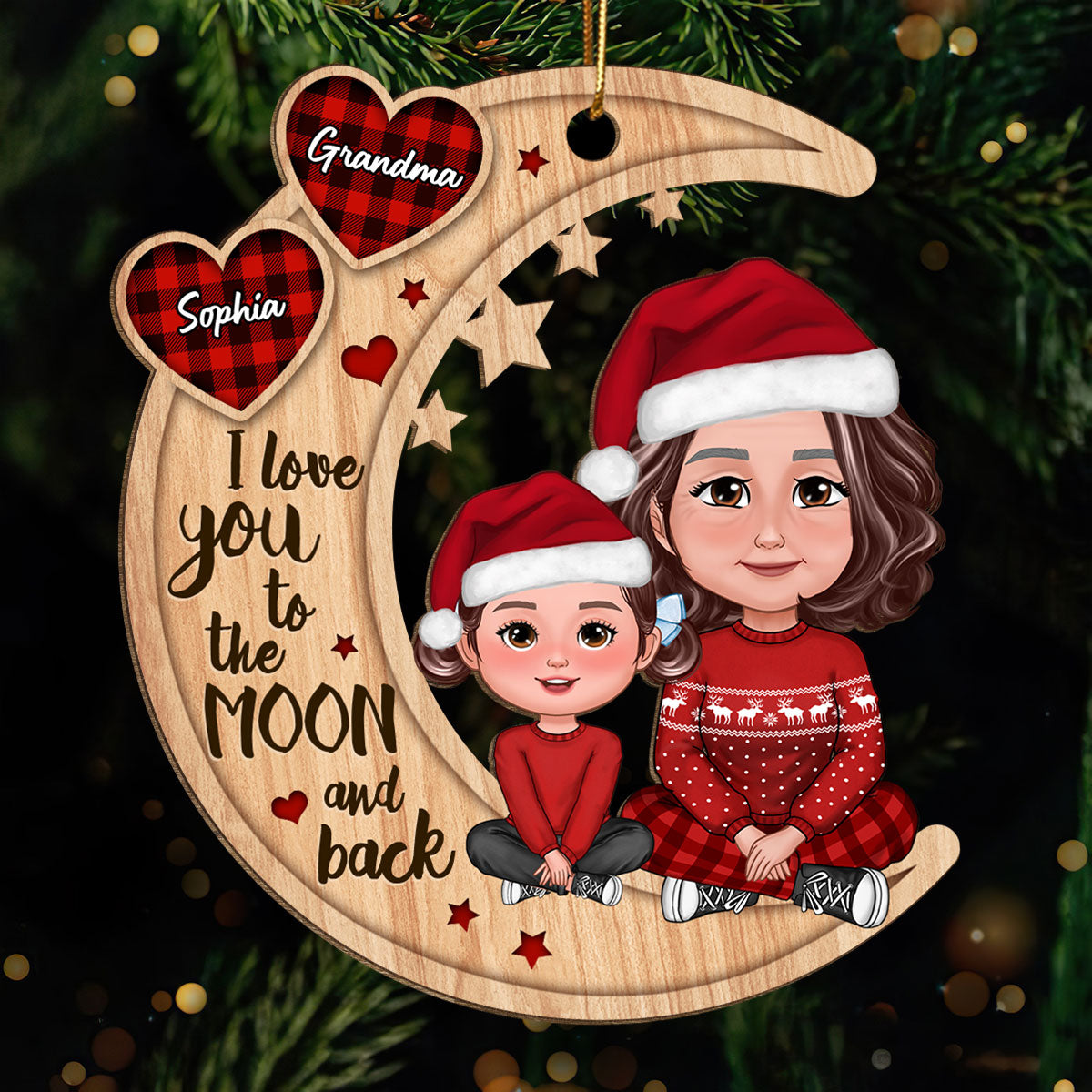 Checkered Pattern Heart Crossed Legs Doll Grandma & Grandkid Sitting On Moon Personalized Wooden Ornament