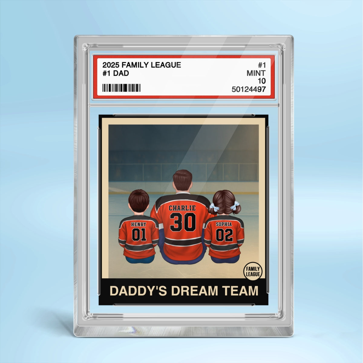 Hockey No. 1 Dad Man & Kids Sitting Trading Card Style Personalized Acrylic Block Plaque