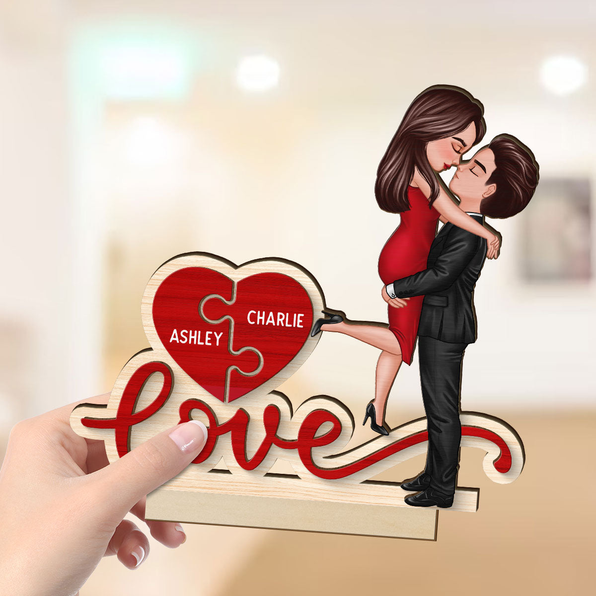 Couple Hugging Kissing Love Missing Piece Personalized 2-Layer Standing Wooden Plaque,  Gift For Him or Her