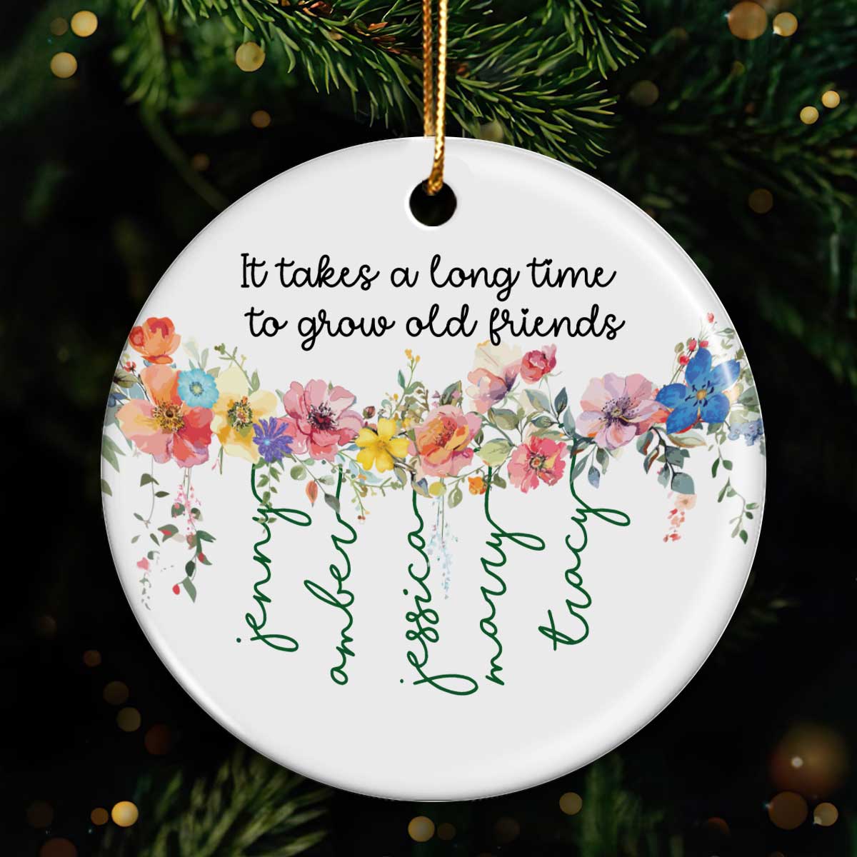 Grow Old Friends Vine Flowers Personalized Circle Ceramic Ornament, Gift for Besties, Best Friends