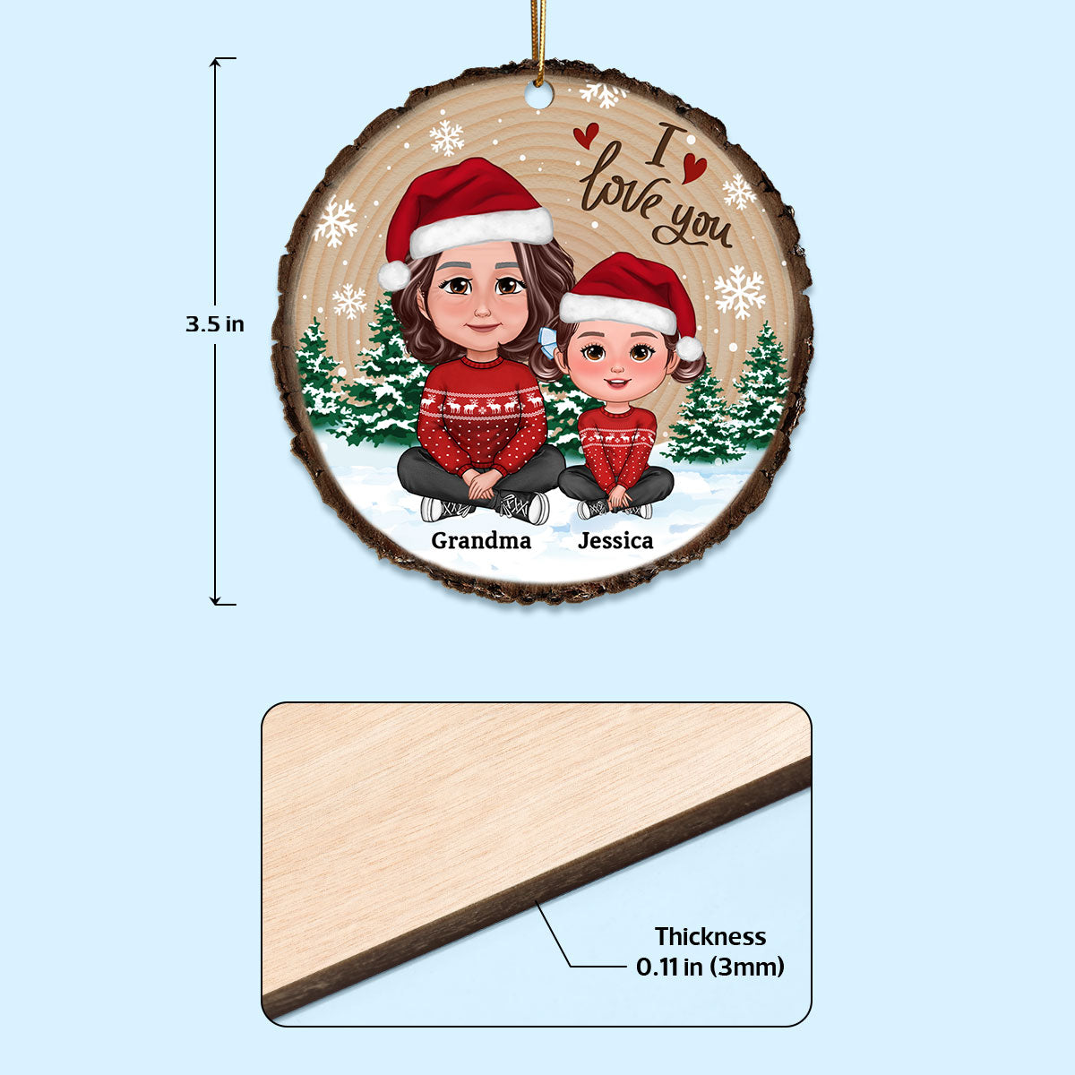 Grandma Mom Kids Sitting In Snow Wood Slice Personalized Wooden Ornament