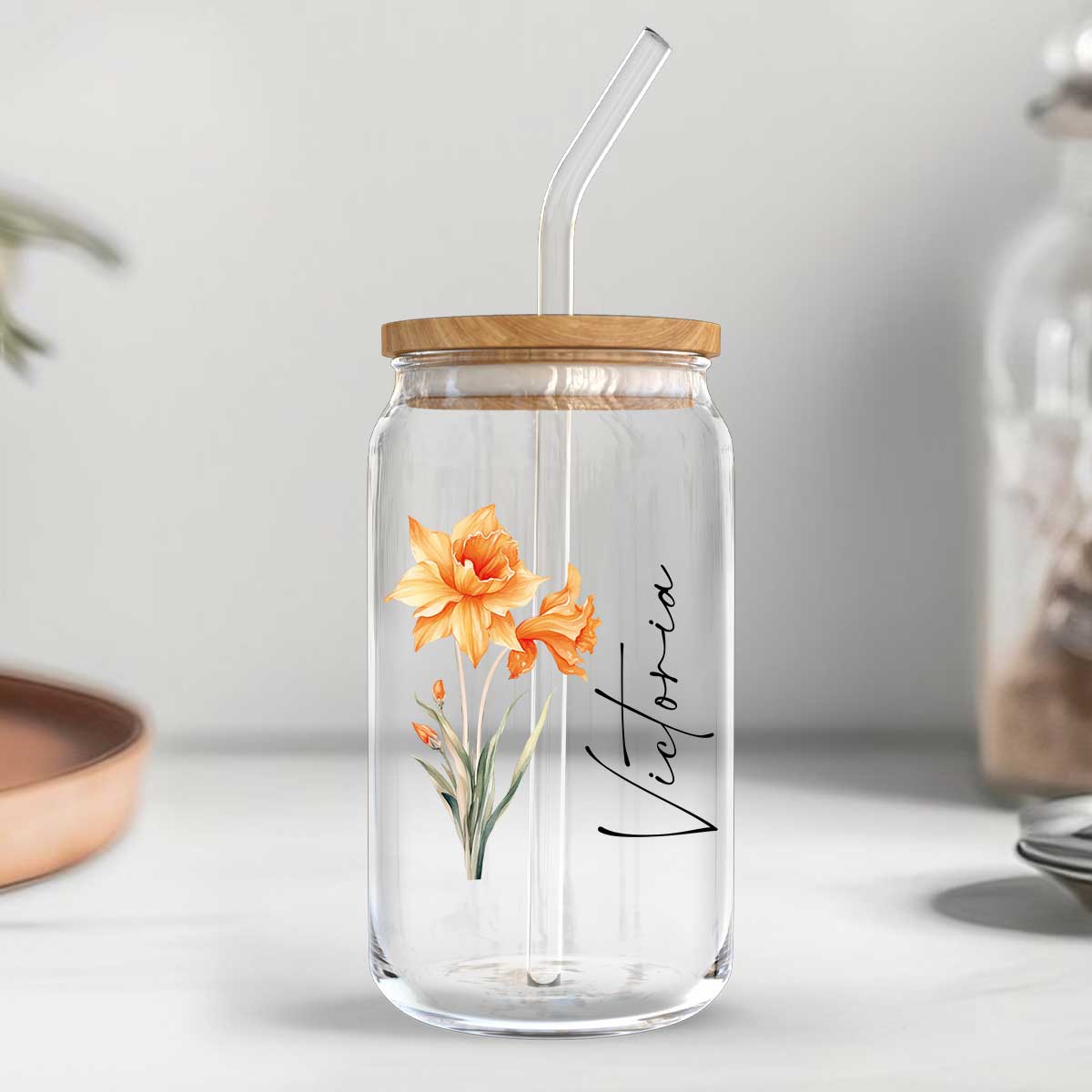 Birth Flower With Name Birthday Gift for Best Friend Birthday Gift For Mom Grandma Daughter Granddaughter Pampering Gift Personalized Clear Glass Can