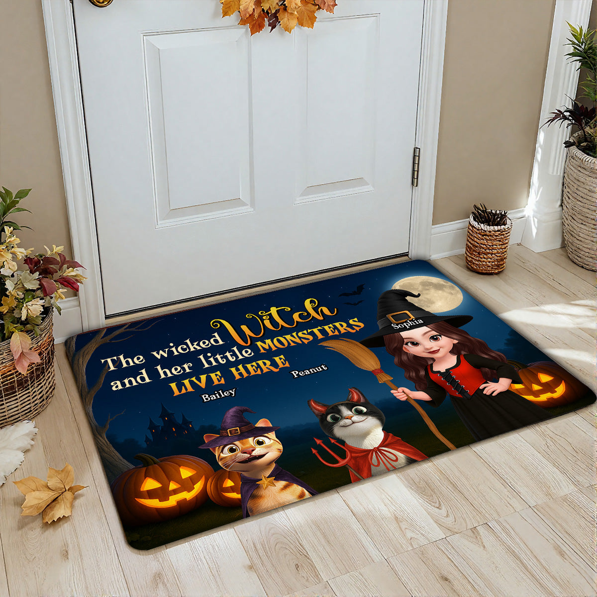 Spooky Halloween Theme Wicked Witch And Monsters Cats Personalized Doormat