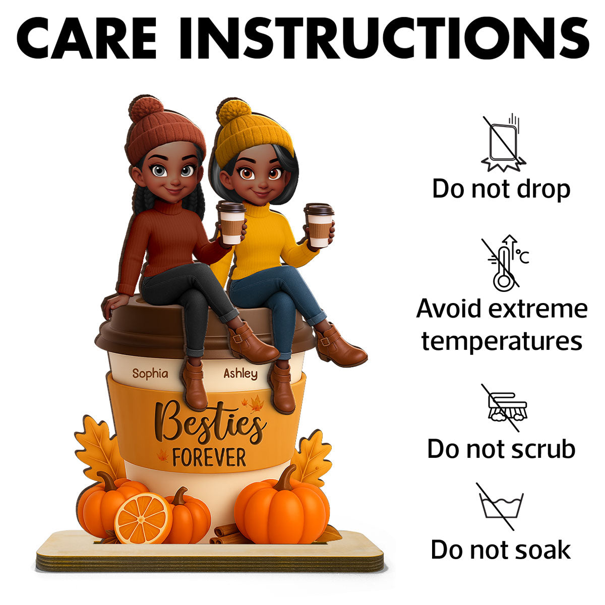 Fall Season Besties Sitting On Pumpkin Spice Latte Personalized Standing Wooden Plaque