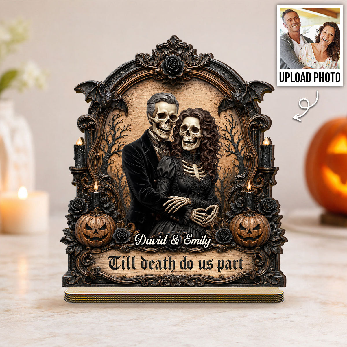 Halloween Custom Photo Skeleton Couple - Personalized 2-Layered Wooden Plaque - Halloween Gift For Couple