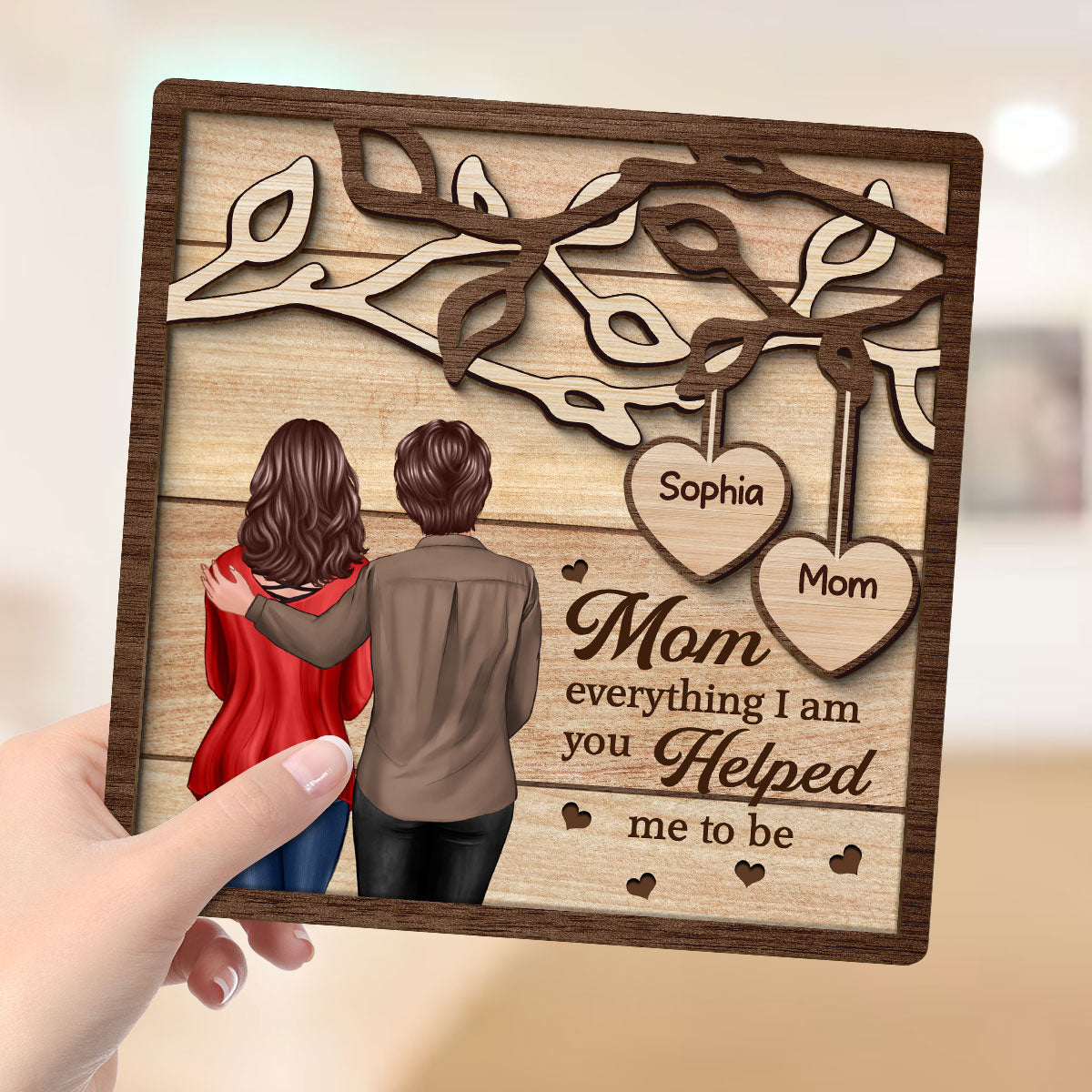 Back View Mom Daughter Son Under Tree Gift For Mom Personalized 2-Layer Wooden Plaque