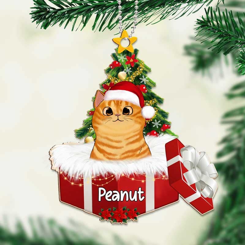 Cats In Christmas Gift Box Personalized Wooden Ornament