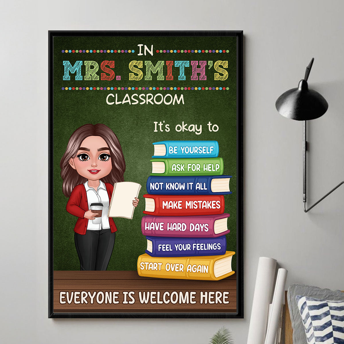 Teacher Standing By Stack Of Books In This Classroom It Is Okay To Personalized Poster, Classroom Decor
