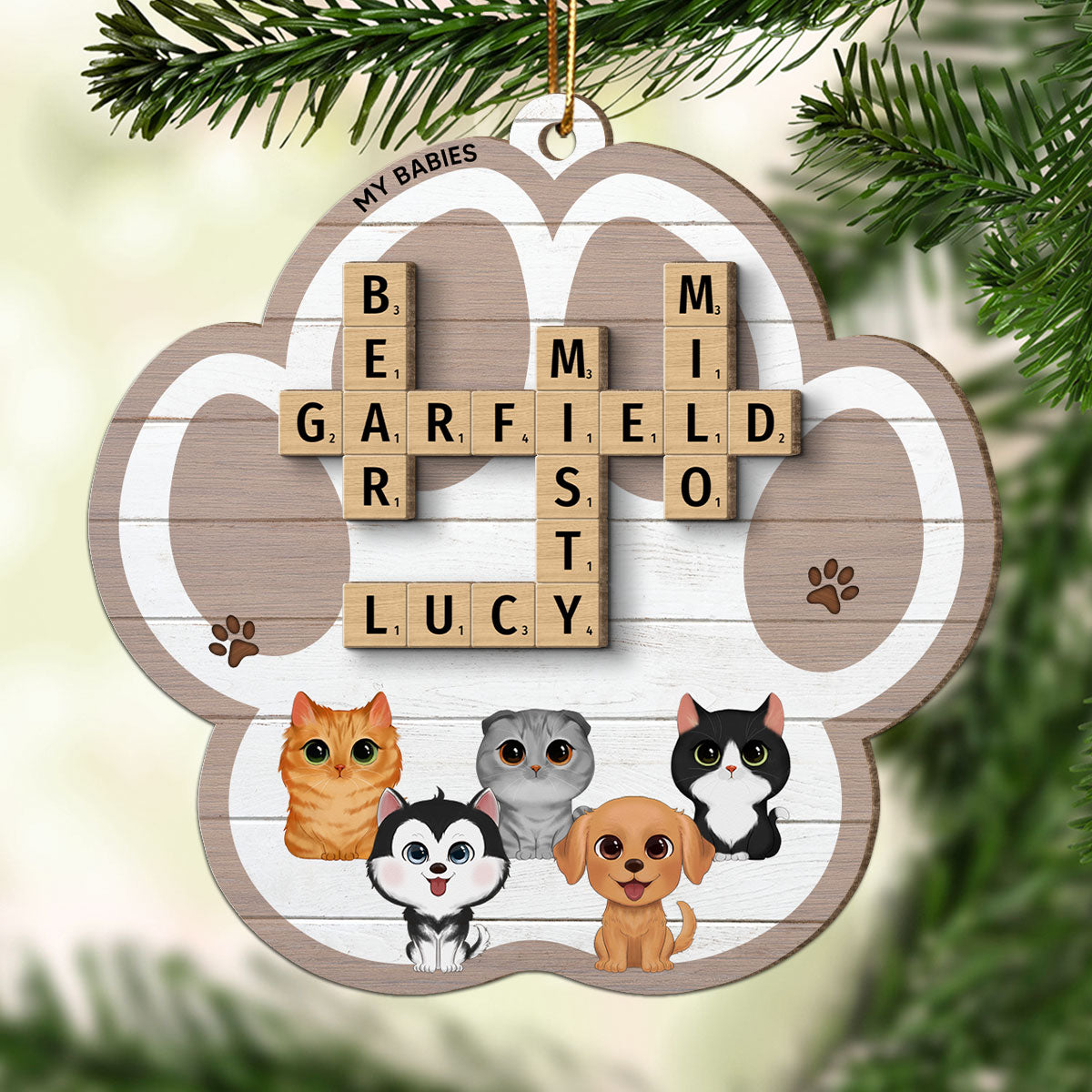 My Babies Dog Cat Crossword Puzzle Art Personalized Paw Shaped 2-Layer Wooden Ornament