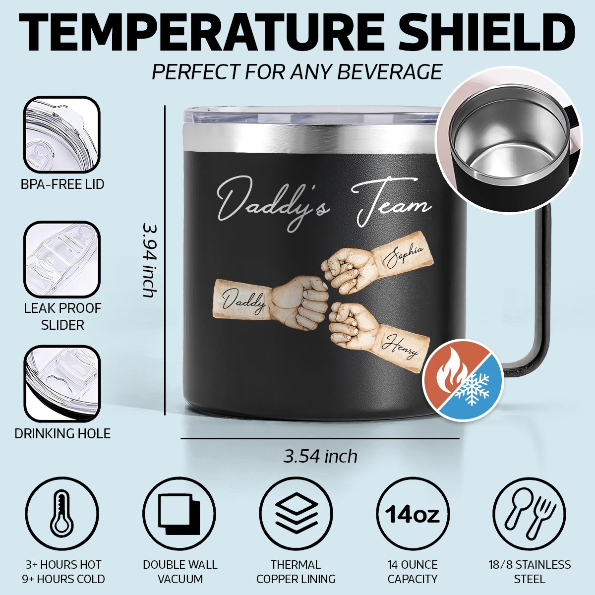 Daddy's Team Fist Bump Personalized Stainless Steel Tumbler With Handle, Unique 2025 Father's Day Gift For Dad