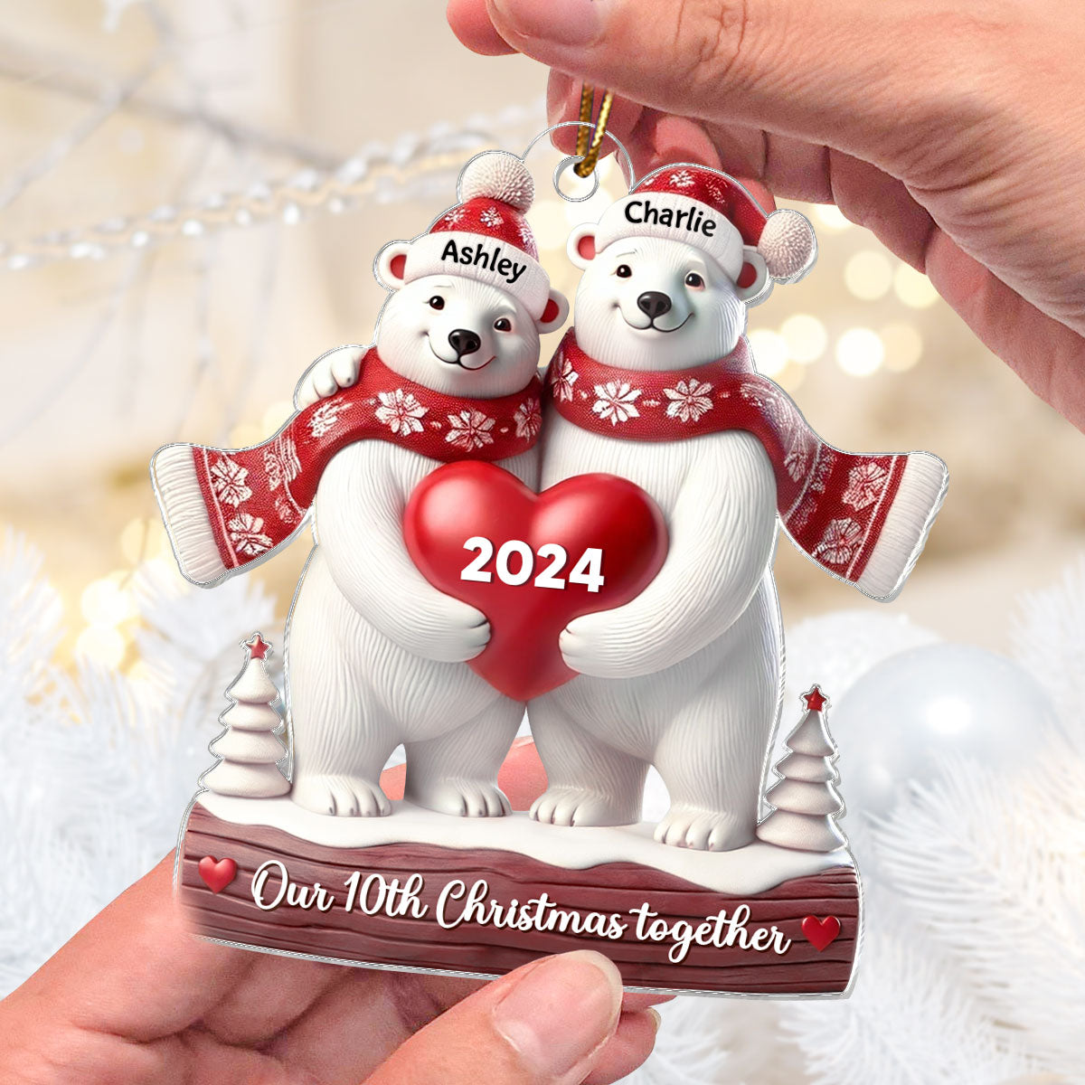 3D Effect Polar Bears Couple Christmas Personalized Ornament, Christmas Gift For Him, For Her