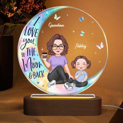 Colorful Cute Grandma & Grandkid Sitting I Love You To The Moon And Back Gift For Granddaughter Grandson Personalized Circle Acrylic Plaque LED Night Light