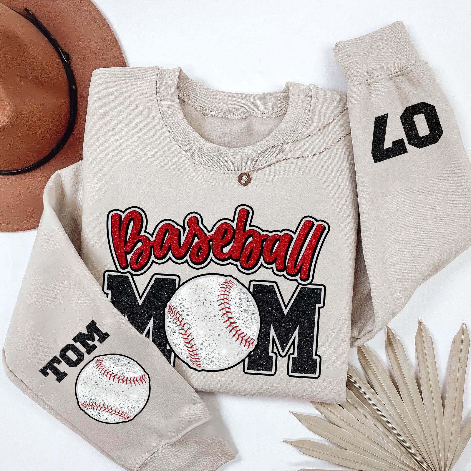 Glitter Effect Baseball Mom Personalized Sleeve Printed Shirt, Proud Baseball Mom Game Day Shirt, Gift For Baseball Mom