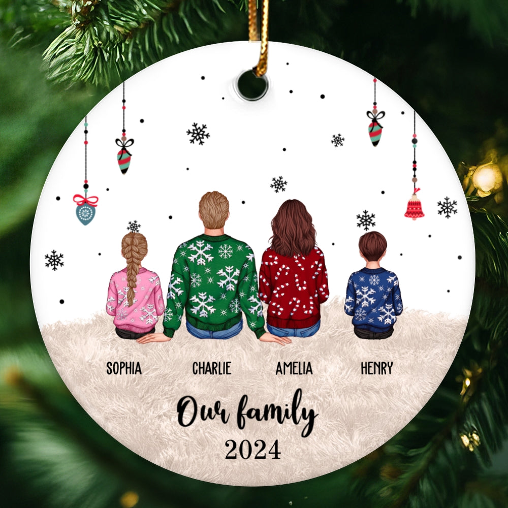 Personalized Big Christmas Family Ornament, Sitting Family Back View, Merry Christmas